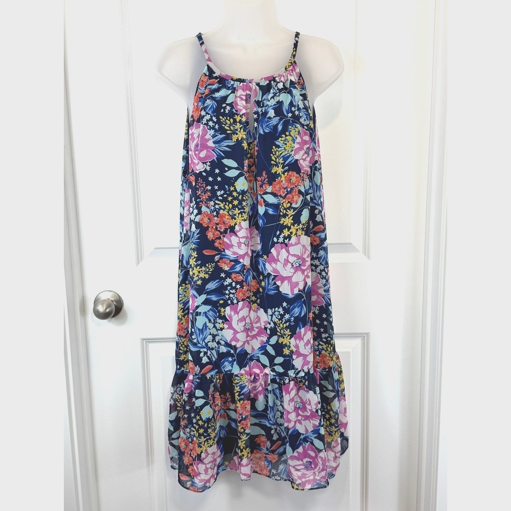 Roz & Ali Women's XL‎ Floral Dress Navy Blue Maxi Ruffled Feminine Boho Vacation